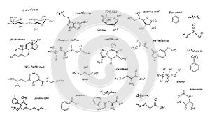 Hand Drawn Chemistry Formula Set, Sketched Molecule Formulas