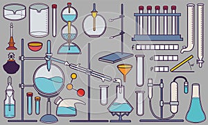 Hand drawn chemistry and laboratory tools doodle set