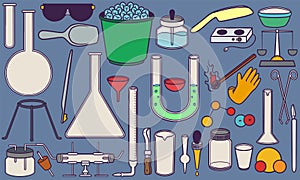 Hand drawn chemistry and laboratory tools doodle set