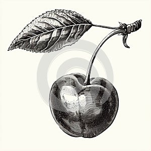 Hand drawn cherry. Black and white engraved ink art illustration