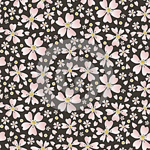 Hand drawn cherry blossom seamless pattern. Japanese sstyle tossed moody dark floral ditsy background. Soft pink neutral