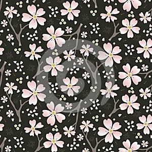 Hand drawn cherry blossom seamless pattern. Japanese sstyle tossed moody dark floral ditsy background. Soft pink neutral tones. photo