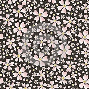Hand drawn cherry blossom seamless pattern. Japanese sstyle tossed moody dark floral ditsy background. Soft pink neutral tones. photo