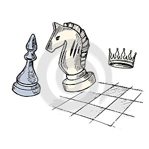 Hand drawn chess pieces-knight, Bishop and crown on the background of the chessboard. Vector illustration