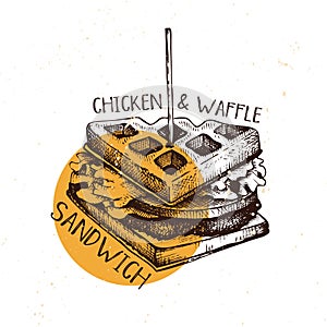 Hand drawn chicken and waffle sandwich sketch. Vinatge vector illustrations. Fast food design template.