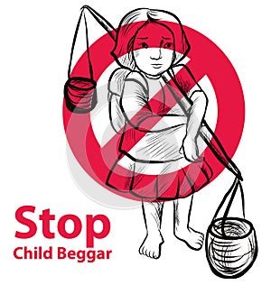 Hand drawn Child lake a freedom they need education,red symbol stop child beggar