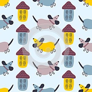 Hand drawn childish seamless pattern with dachshunds and houses. Perfect for T-shirt, fabric, textile and print. Animalistic