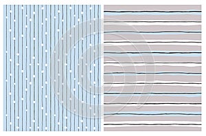 Hand Drawn Childish Style Vector Patterns. Blue, White and Black Vertical Stripes Isolated on a Gray Background.