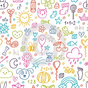 Hand drawn children drawings. Colored seamless pattern. Background for cute little boys and girls. Doodle background