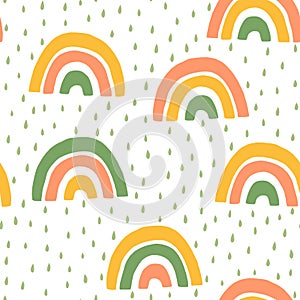 Hand Drawn Children`s Cute rainbow and Rain Seamless Pattern. Simple Vector Background in Scandinavian Style