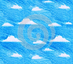 Hand drawn children`s illustration of blue sky and white clouds in freehand color pencil style