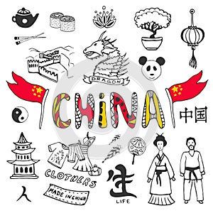 Hand-drawn China icon collection. Set with asian culture symbol collection. Vector