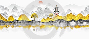 Hand drawn Chinese style artistic conception ink landscape painting