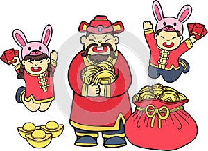 Hand Drawn Chinese Wealth God and Chinese Boy with girls illustration