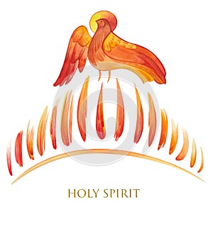 Hand drawn Christian illustration Holy Spirit in the form of a dove and tongues of fire, `Pentecost`, `Descent of the Holy Spir
