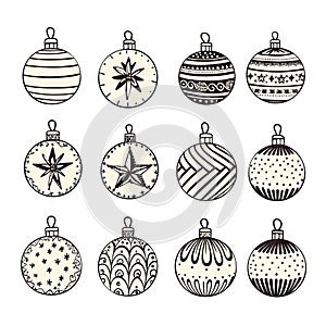 Hand Drawn Christmas Ball Collection Isolated on White Background, New Year Balls Sketch