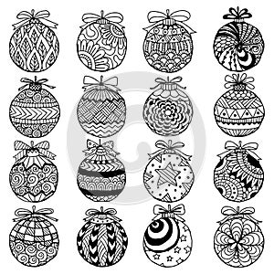 Hand drawn Christmas balls zentangle style for coloring book.