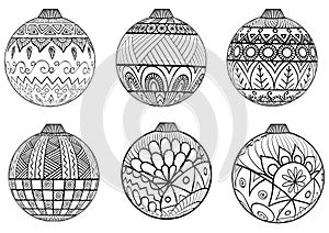 Hand drawn Christmas balls zentangle style for coloring book.