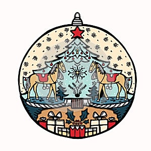 Hand drawn Christmas bauble ornament motif. Isolated festive ball deco design element. Cute winter holidays clip art icon. Festive