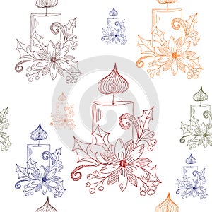 Hand drawn Christmas candle decoration, vector seamless pattern.