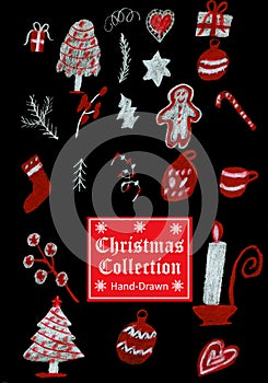 Hand-Drawn Christmas Collection with Different Objects Like Christmas Trees, Gifts, Branches and More