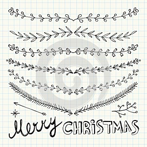 Hand Drawn Christmas Decorative Elements, Doodles and Borders