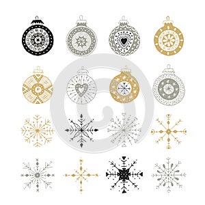 Hand drawn Christmas doodle balls and snowflakes collection. Cute new year decoration. Vector illustration.
