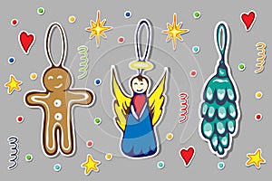 Hand drawn christmas doodle sticker collection of decorative christmas toys. vector gingerbread man, cute angel and fir or pine