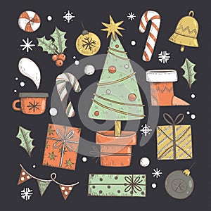 hand drawn christmas element set vector design