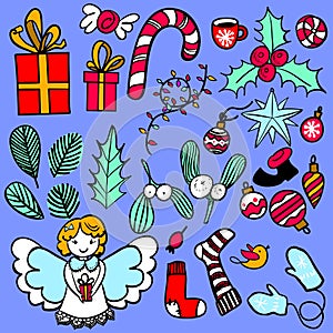 Hand-drawn Christmas elements: presents, omela, angel, holly berry, sweets, christmas balls