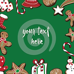 Hand drawn Christmas gingerbread cookies. Place for your text in the middle. Green background