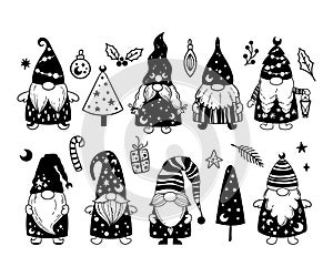 Hand drawn Christmas Gnomes black and white bundle, Winter magical Garden Gnome isolated clip art, Cute Christmas