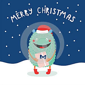 Christmas card with cute funny monster