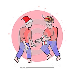 Hand Drawn Christmas Illustration of two people opening gift box