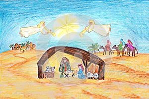 Hand drawn christmas nativity scene with holy family and angels