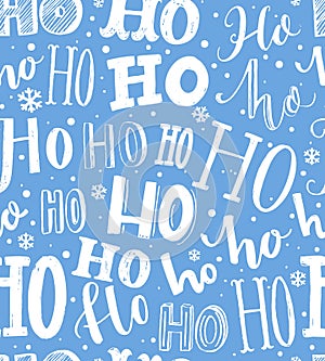 Hand drawn Christmas pattern. Seamless background with text hohoho. Gift wrapping blue and white paper.