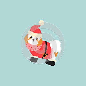 Hand drawn Christmas santa claus shih tzu dog isolated on blue background.  Cartoon Xmas Santa dog. Great for holidays, Christmas