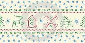 Hand drawn christmas seamless pattern with deer, house, tree, snowflakes.