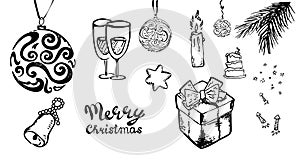 Hand-Drawn Christmas Sketchy Doodles- Vector Illustration Design Elements.set ,candle,glasses, fireworks,star,bell, tree