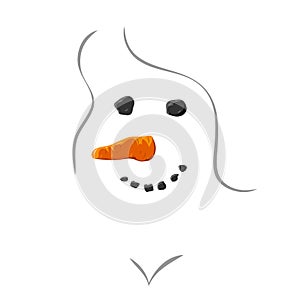 Hand drawn Christmas Snowman Face concept isolated on white background. Simple and cute snowman-girl head with line drawn elements