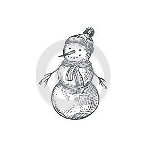 Hand Drawn Christmas Snowman Vector Illustration. Abstract Rustic Sketch. Winter Holiday Engraving Style Drawing.