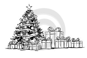 Hand drawn Christmas tree and gift boxes. Vector illustration sketch, line drawing