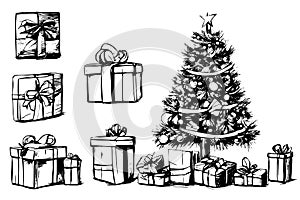 Hand drawn Christmas tree and gift boxes. Vector illustration sketch, line drawing