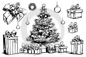 Hand drawn Christmas tree and gift boxes. Vector illustration sketch, line drawing