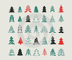 Hand drawn Christmas tree icons and elements