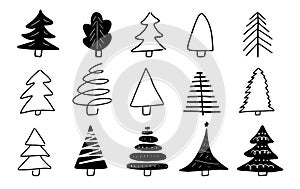 Hand-drawn Christmas tree set. Doodle cartoon illustration. Christmas and New year concept. Abstract poster with holiday icons