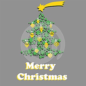 Hand drawn christmas tree with star above and decoration balls. Grey background