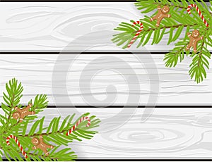 Hand drawn Christmas vector background, white wooden texture with chritmas tree branches, candycanes and gingerbread men