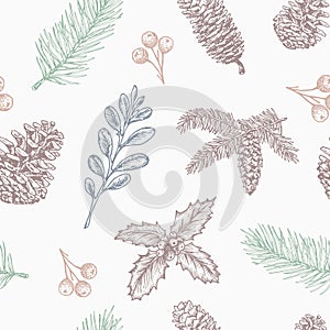 Hand Drawn Christmas Vector Seamless Background Pattern. Fir-needle Branch, Strobile, Holly and Mistletoe Sketches Card