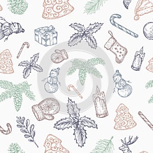 Hand Drawn Christmas Vector Seamless Background Pattern. Snowman, Sock, Holly, Fir-needle and Candle Sketches Card or